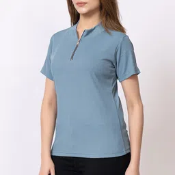hilfire region Women Solid Zip Neck Cotton Blend Blue T-Shirt image 3