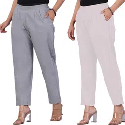 solid stitching Pack of 2 Women Comfort Fit Black, Maroon Pure Cotton Trousers-picture-17