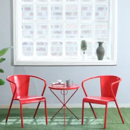bohemiana from pepperfry Schuller Metal Foldable Outdoor Coffee Table Set In Red Finish With 2 Stackable Chairs image 1