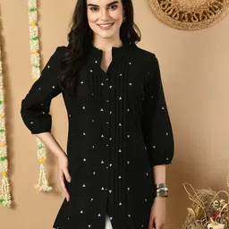 meesan Casual Puff Sleeves Printed Women Black, White Top-picture-17