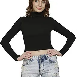 Full sleeve Highneck tshirt Women Solid High Neck Cotton Blend Black T-Shirt-image-13