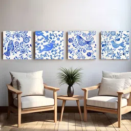 Art Street Stretched Canvas Painting Blue Flowers and Birds Pattern Art for Home Decor image 3