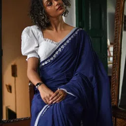 saptak fashion Solid/Plain Handloom Cotton Blend Saree image 3