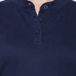 ap'pulse Women Solid Mandarin Collar Pure Cotton Dark Blue T-Shirt image 5