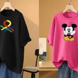 rapturous Pack of 2 Women Printed Round Neck Cotton Blend Black, Pink T-Shirt-picture-38