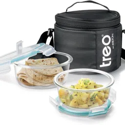 treo All Weather Glass Round Set of 2,400 ml each Tiffin, Carry Jacket, Black 2 Containers Lunch Box-picture-22