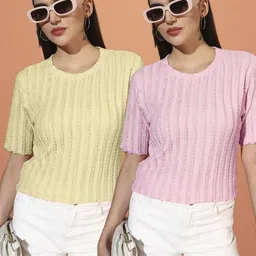 somvati Pack of 2 Women Self Design Round Neck Polyester Yellow T-Shirt image 1