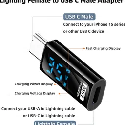 VOOCME USB-C Adapter with LED Display, PD 35W USB Type C Male to Lighting Female Connector for i/Phone 15/15 Plus/15 Pro/15 Pro Max, i/Pad Air/Pro Laptop Accessory image 3