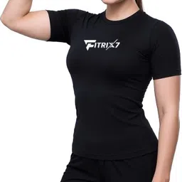 fitrix7 Pack of 3 Women Solid, Graphic Print Round Neck Nylon Black T-Shirt image 5