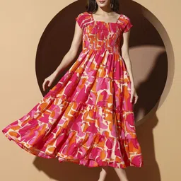 zwerlon Women Fit and Flare Orange, Red Midi/Calf Length Dress image 1