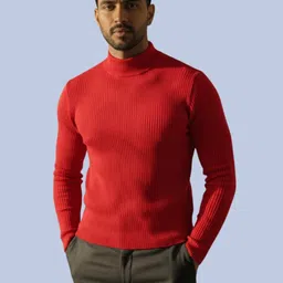 peak mount Men Solid High Neck Red Sweater-picture-14