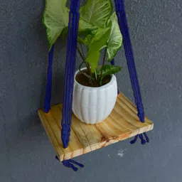 gathari Blue Macram Wall Hanging Shelf Pine Wood Floating Shelve image 3