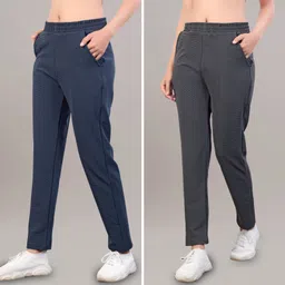 leewan Pack of 2 Women Solid Dark Blue, Grey Track Pants-picture-33