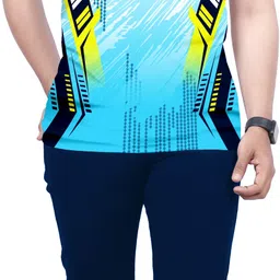 houseofcommon Men Printed Mandarin Collar Polyester Blue T-Shirt image 4