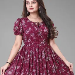 bhadani Women's Printed Georgette Regular Fit Round Neck Short Sleeve Fancy Flare Long Dress image 5