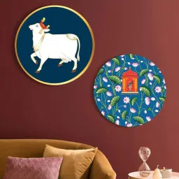 Round Blue Pichwai Folk Art Krishna Canvas Set Of 2 Art Print By The Artment image 1