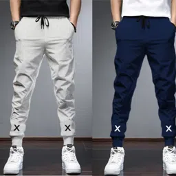 Pack of 2 Men Solid Grey, Dark Blue Track Pants-image-21
