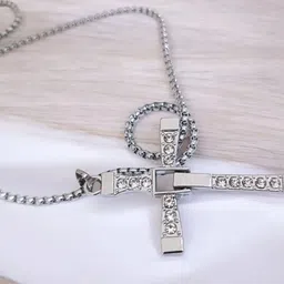 relevationcart Stylish Silver-Plated Cross Pendant with Chain for Men & Women Brass Alloy Locket image 3