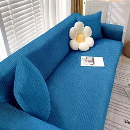 cortina Blue Solid Jacquard 2 Seater Stretchable Sofa Cover image 3