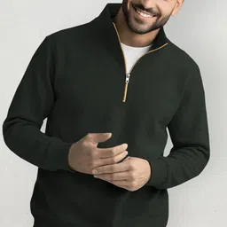 tripr Men Solid High Neck Green Sweater image 3