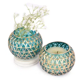 manor house Classic Blue Mosiac Glass (Set of 2) Tea Light Holders by Citilites image 3