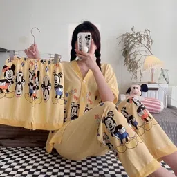 lugo Women Night Suit Set Yellow Printed image 2