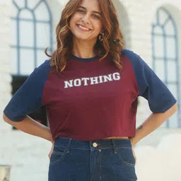 maniac Women Printed Round Neck Pure Cotton Maroon T-Shirt-picture-14