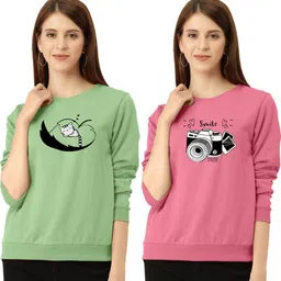 zentworld Pack of 2 Women Printed Round Neck Cotton Blend Light Green, Pink T-Shirt-picture-26