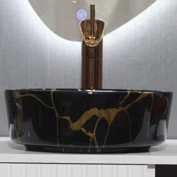 devito (13*13*4) inch super glossy premium quality ceramic counter top basin / (32*32*11) cm very stylish black gold design ceramic wash basin / Table Top Basin image 3