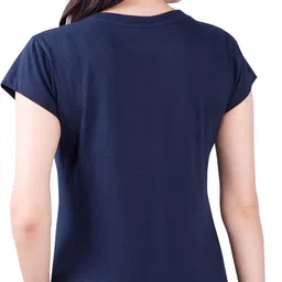 fashinks Women Solid V Neck Cotton Blend Navy Blue T-Shirt image 2