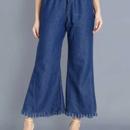 emmy word Women Flared Dark Blue Cotton Blend Trousers-picture-16