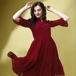 osho enterprise Women Fit and Flare Maroon Knee Length Dress image 3