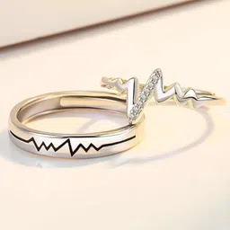 glamshe Valentine Heartbeat Couple Lovers American diamond Ring for Men & Women Stainless Steel Silver Plated Ring Set-picture-14