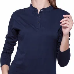 ap'pulse Women Solid Polo Neck Pure Cotton Dark Blue T-Shirt-picture-15