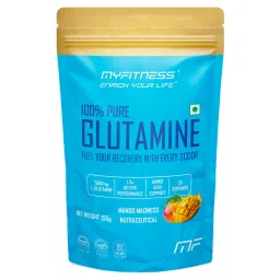 myfitness ® enrich your life MYFITNESS 100% PURE GLUTAMINE| 25 SERVINGS | 150g |WITH ADDED ELECTROLYTES | MANGO MADNESS image 1