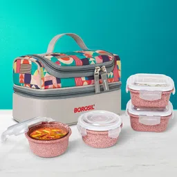 borosil Kube Pink Universal Glass Lunchbox, 4pc Set (320ml x 2 Square + 240ml x 2 Round) 4 Containers Lunch Box-picture-10