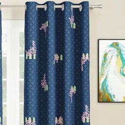 sej by nisha gupta Blue Floral Polyester 9 Ft Light Filtering Eyelet Door Curtains (Set of 2) image 1