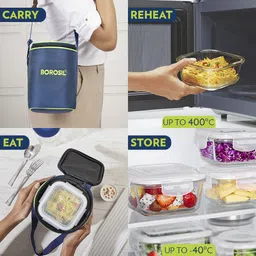 borosil Klip-n-Store Lunch Box with Bag, 3 Pc (320ml x 3), Square Office Tiffin 3 Containers Lunch Box image 5
