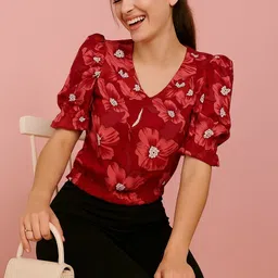 deewa Party Ruffled Sleeves Floral Print Women Red Top image 5