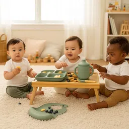 isupta Bone China 6-Piece Silicone Baby Feeding Set with Suction Base and Wooden Handles Dinner Set image 3