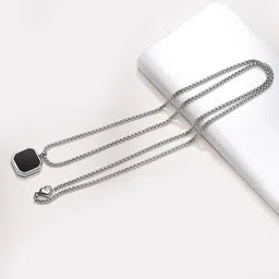 common etail Stylish Black Pendant Chain for Men | Silver Chain with Black Square Pendant Silver Chain Set image 5