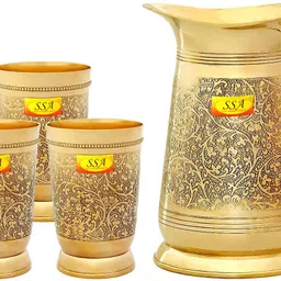 shivshakti arts Embossed Engraved Design 100% Pure Brass Jug / Pitcher, With 4 Glasses Set | Drinkware Set - 2020 Gift Item Jug Glass Set-picture-19