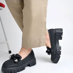 shoetopia Trendy Lug-Sole Loafers|Chunky Platform with Butterfly Bow Detail For Girls Loafers For Women image 1