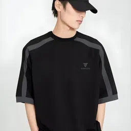 jump cuts Men Colorblock Round Neck Cotton Blend Black T-Shirt-picture-14