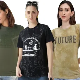 shaun Pack of 3 Women Self Design Round Neck Polyester Multicolor T-Shirt image 2