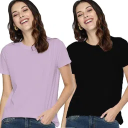 adyavastram Pack of 2 Women Solid Round Neck Cotton Blend Purple, Black T-Shirt-picture-15