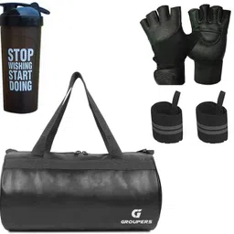 groupers PU Leather Gym Duffle bag ll Sipper Bottle ll Wrist Band ll Gym Gloves - Black Fitness Accessory Kit Kit-picture-13