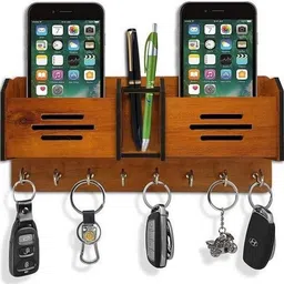 akshita crafts Wooden 2 Pocket Pen Stand 8 Hook Brown Wood Key Holder Wood Key Holder-picture-27