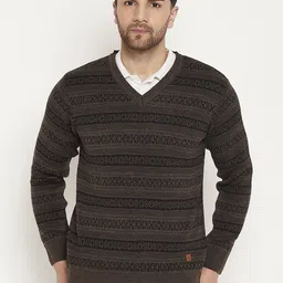 Men Self Design V Neck Brown Sweater-image-23