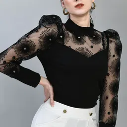 Party Regular Sleeves Embroidered Women Black Top-image-0